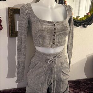 Gray Ribbed Button-Up Crop Top